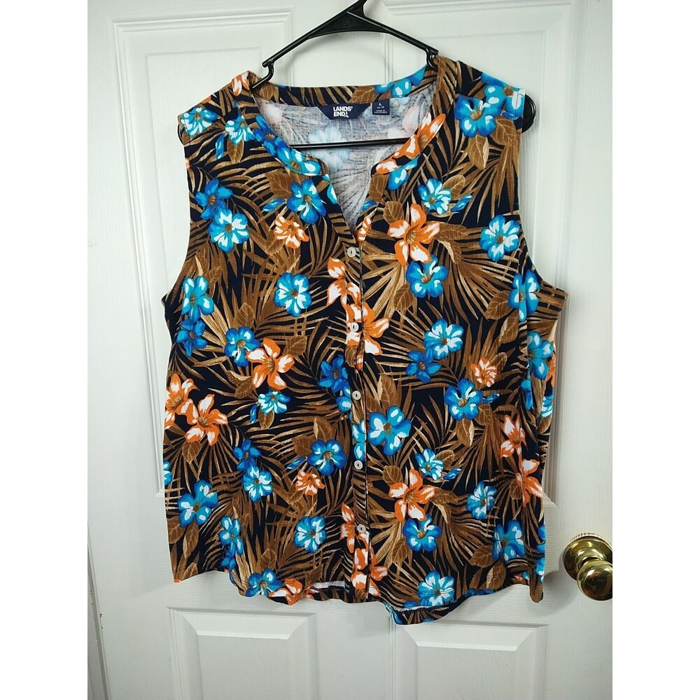 Lands End Woman 14/16 Tank Floral V Button Hawaiian Vacation Crinkle Knit Casual